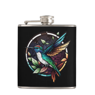 Hummingbird Bird Animal Portrait Stained Glass Art Hip Flask