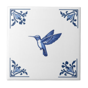 Hummingbird Bird Delft Blue and White Corners Tile