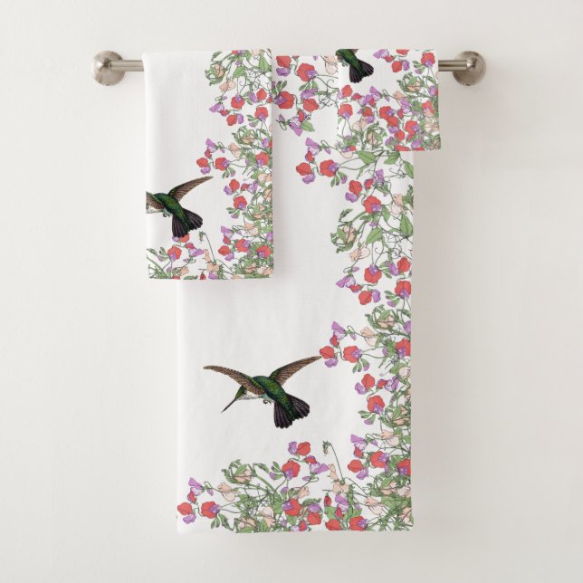 Hummingbird Bird Sweet Pea Flower Bath Towel Set (Insitu)