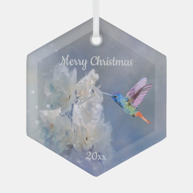 Hummingbird Bird White Garden Flower Christmas  Glass Ornament (Front)