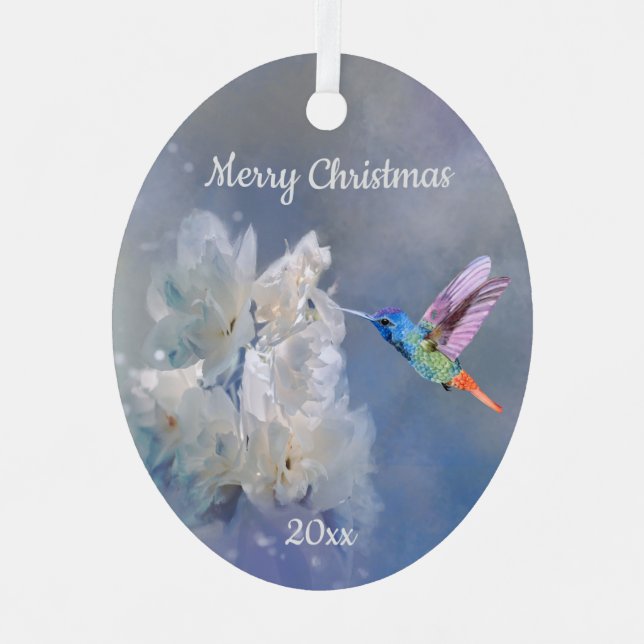 Hummingbird Bird White Garden Flower Christmas  Me Metal Ornament (Front)