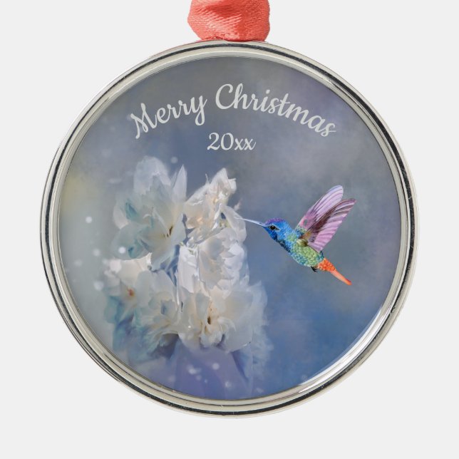 Hummingbird Bird White Garden Flower Christmas  Metal Ornament (Front)