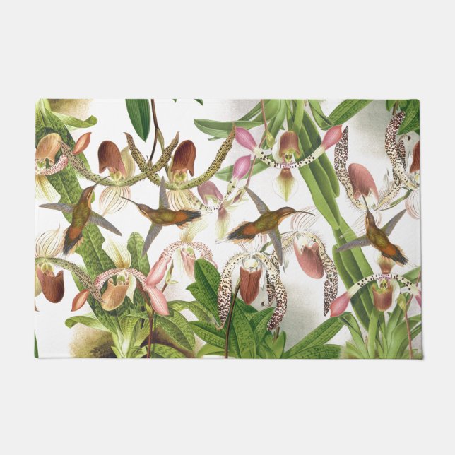 Hummingbird Birds Animal Orchid Flowers Door Mat (Front)