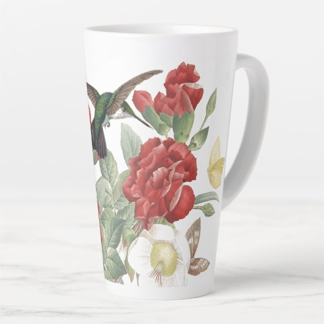 Hummingbird Birds Butterfly Red Rose Flowers Latte Mug (Right Angle)