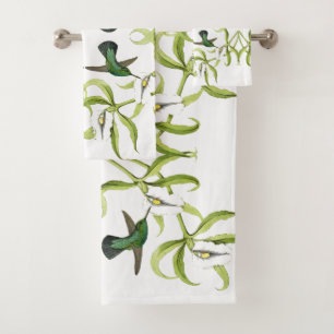 Hummingbird Birds Orchid Flowers Bath Towel Set