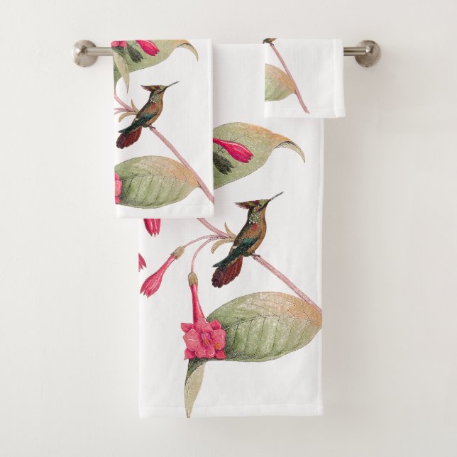 Hummingbird Birds Pink Flowers Bath Towel Set (Insitu)