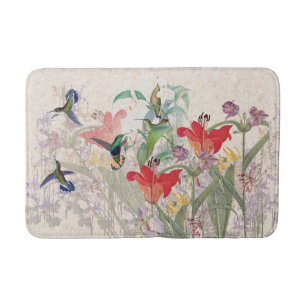Hummingbird Birds Red Lily Flowers Bathmat