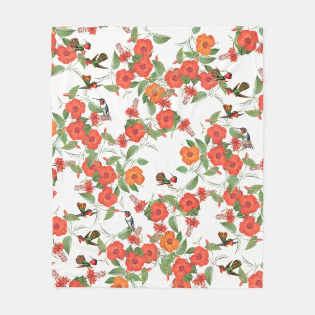 Hummingbird Birds Tropical Flowers Fleece Blanket (Front)