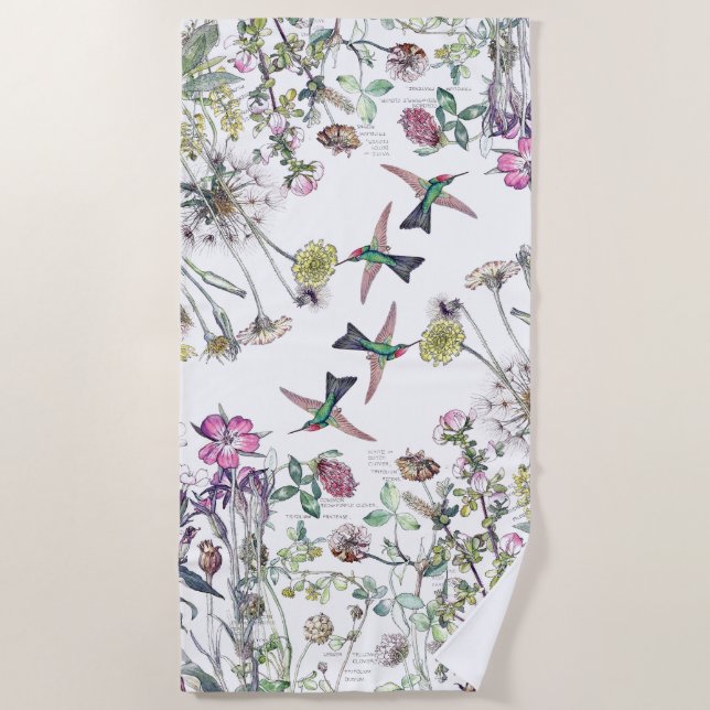 Hummingbird Birds Wildflower Flowers Beach Towel (Front)
