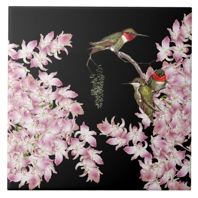 Hummingbird Birds Wildlife Orchid Flowers Tile (Front)