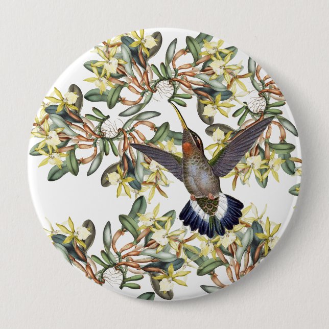 Hummingbird Birds Yellow Orchid Flowers Button (Front)