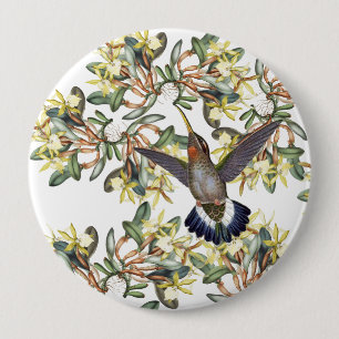 Hummingbird Birds Yellow Orchid Flowers Button