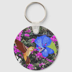 Hummingbird, Blue Hibiscus, & Bougainvillea Keychain
