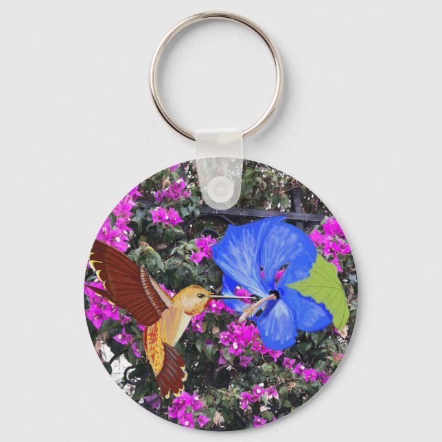 Hummingbird, Blue Hibiscus, & Bougainvillea Keychain (Front)