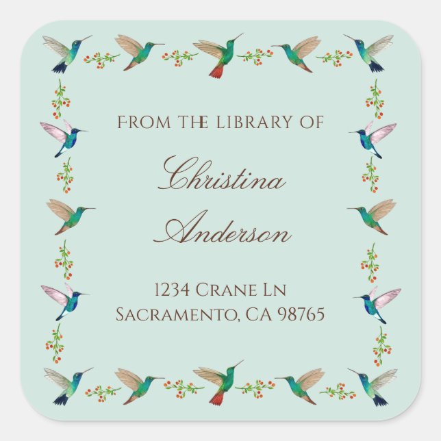 Hummingbird Bookplate Square Sticker (Front)
