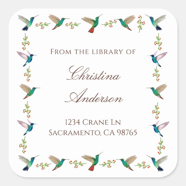 Hummingbird Bookplate Square Sticker (Front)
