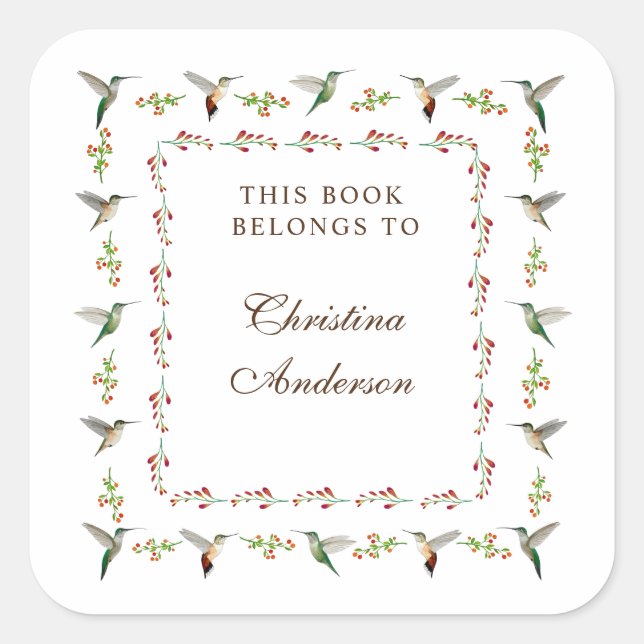  Hummingbird Bookplate Square Sticker (Front)