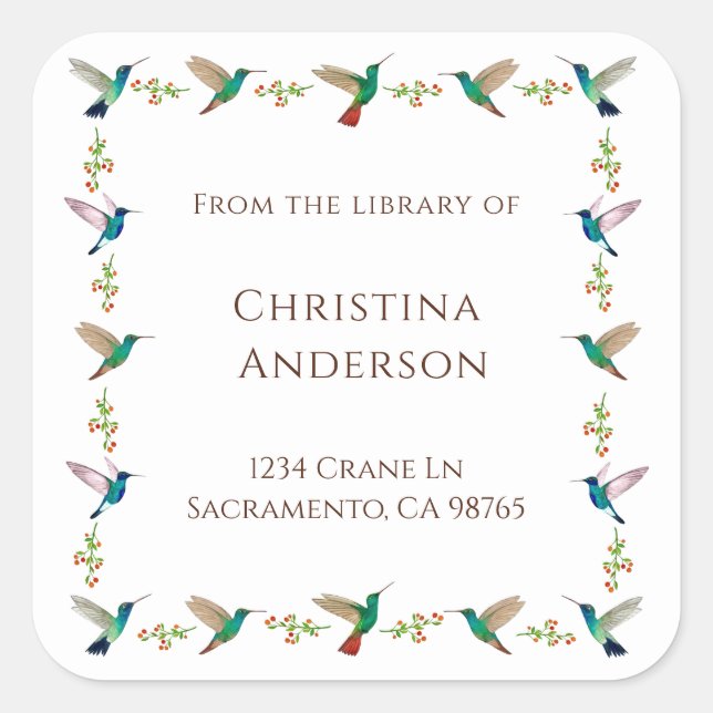 Hummingbird Bookplate Square Sticker (Front)