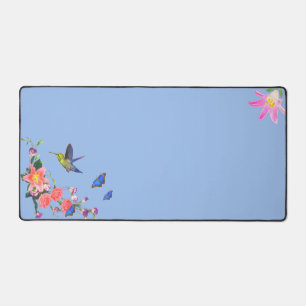 Hummingbird, Butterflies & Flowers on Light Blue Desk Mat