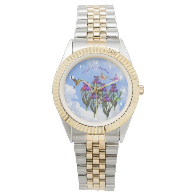 Hummingbird Butterflies Iris Flowers Personalized Watch (Front)
