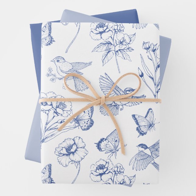 Hummingbird & Butterfly Floral Toile Blue Wrapping Paper Sheet (In situ)