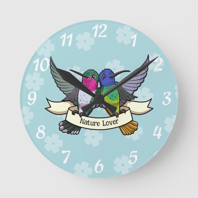 Hummingbird Character Nature Lover Custom Text Art Round Clock (Front)