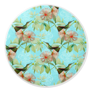 Hummingbird Colibri Green Leaf Spring Ceramic Knob