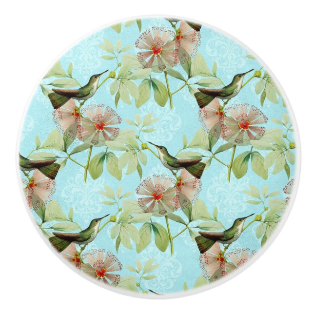 Hummingbird Colibri Green Leaf Spring Ceramic Knob (Front)