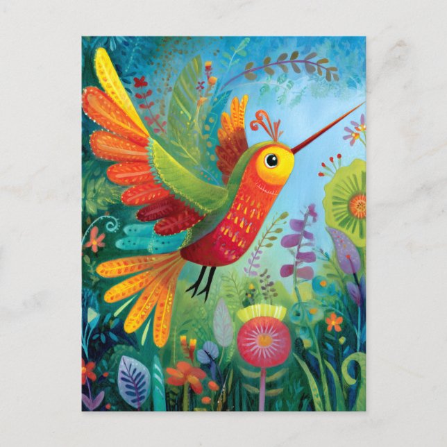 Hummingbird colourful artwork postcard (Front)