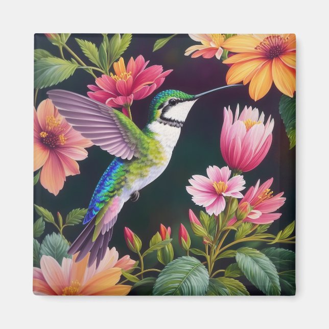 Hummingbird Colourful Floral Painting Magnet (Front)