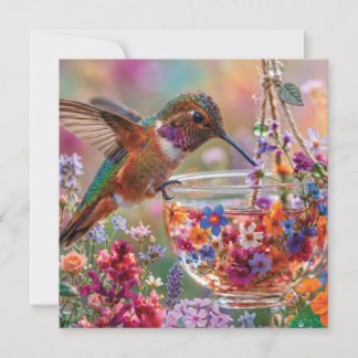 Hummingbird Drinking Nectar from Floral Teacup Holiday Card