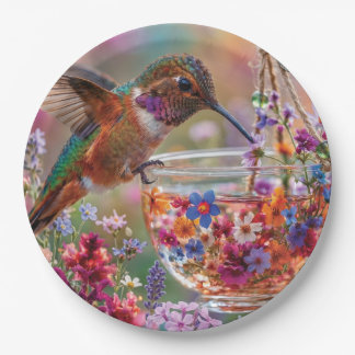 Hummingbird Drinking Nectar from Floral Teacup Paper Plate