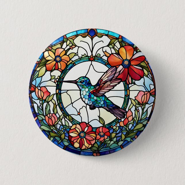 Hummingbird Faux Stained Glass Bird 2 Inch Round Button (Front)