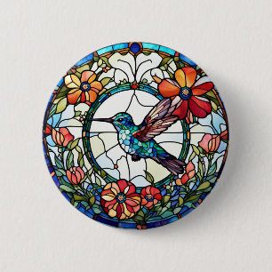 Hummingbird Faux Stained Glass Bird 2 Inch Round Button