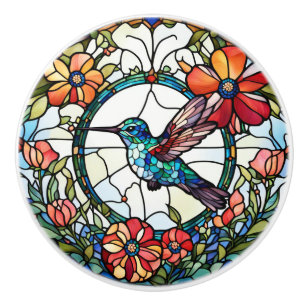 Hummingbird Faux Stained Glass Bird Ceramic Knob