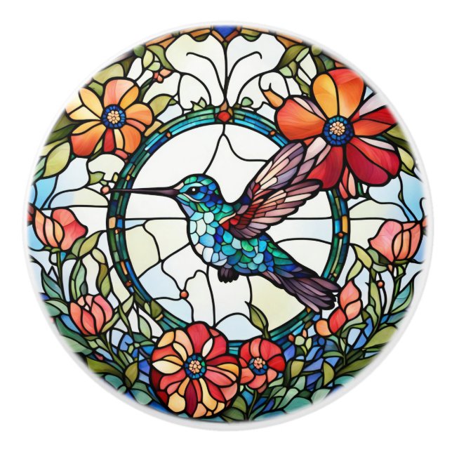 Hummingbird Faux Stained Glass Bird Ceramic Knob (Front)