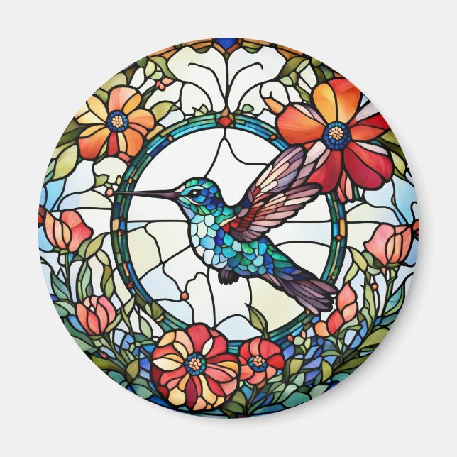 Hummingbird Faux Stained Glass Bird Magnet (Front)