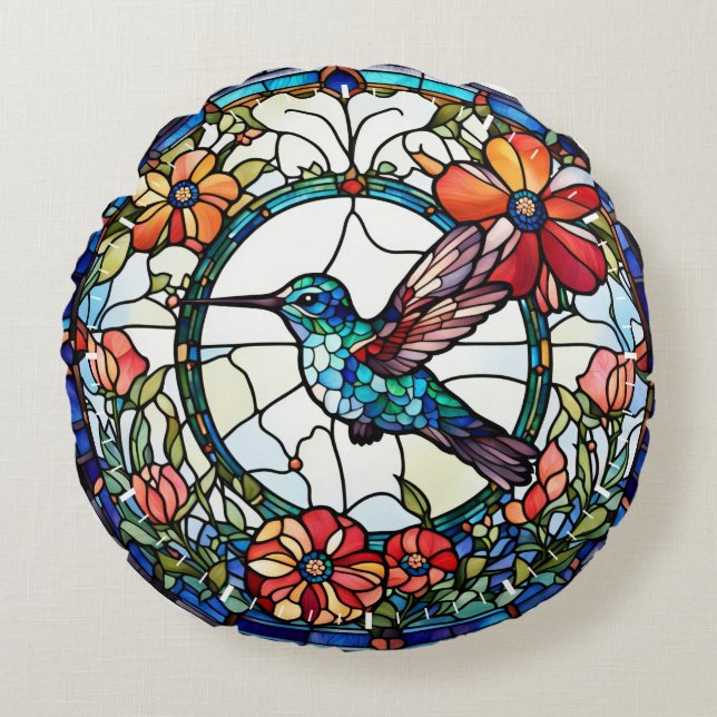 Hummingbird Faux Stained Glass Bird Round Pillow (Front)