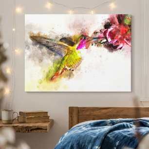 Hummingbird Feeding on Pink Flower Watercolor Canvas Print