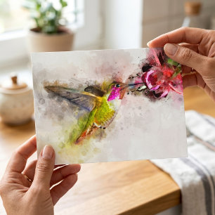 Hummingbird Feeding on Pink Flower Watercolor Postcard