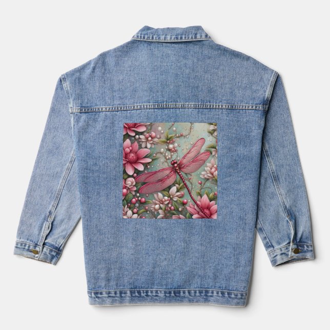 HUMMINGBIRD FLEURS ROSES ART Denim Jean Jacket (Verso)