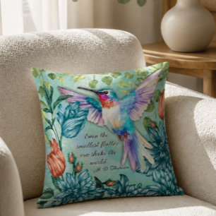 Hummingbird Floral Art with Thoreau Quote Throw Pillow