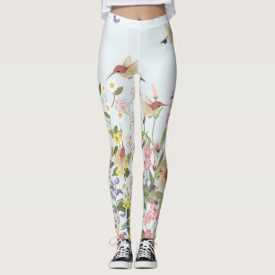 Hummingbird Floral Garden Vintage Illustration Leggings