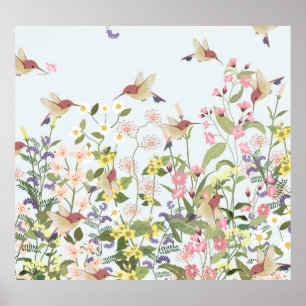 Hummingbird Floral Garden Vintage Illustration Poster