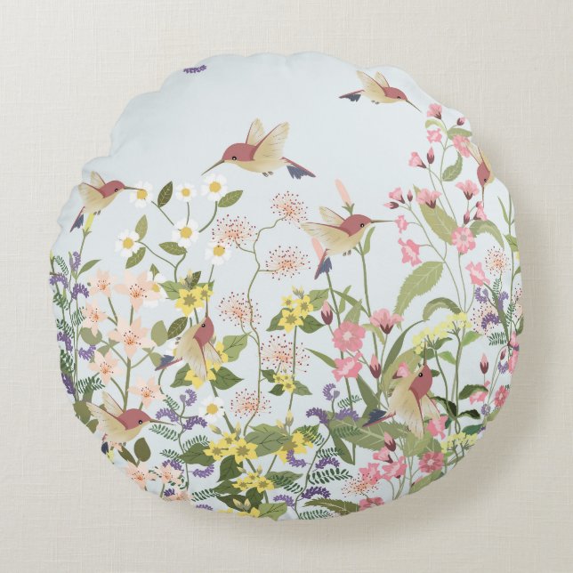 Hummingbird Floral Garden Vintage Illustration Round Pillow (Front)