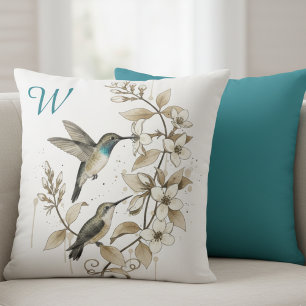 Hummingbird Floral Monogram Initial Decor Throw Pillow