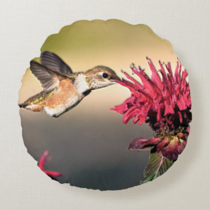 Hummingbird Flower Feeding Round Pillow