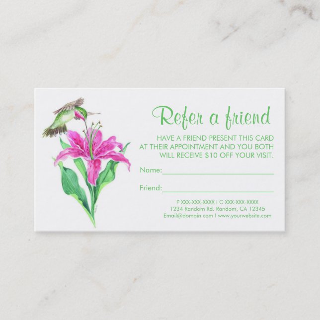 Hummingbird flower refer a friend business cards (Front)