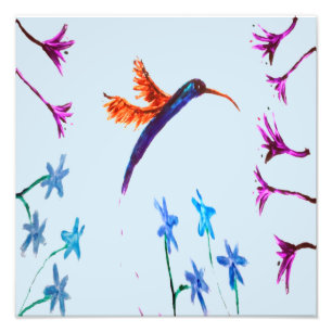 Hummingbird Flowers Floral Bird Art Photo Print