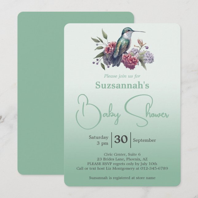 Hummingbird & Flowers Green Ombre Baby Shower Invitation (Front/Back)